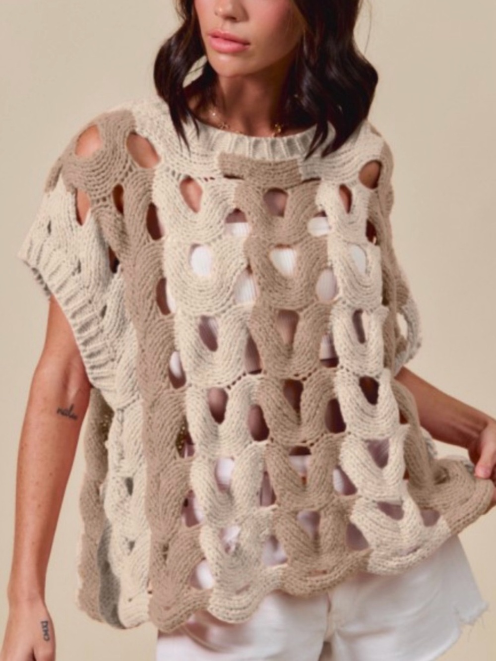Open-Knit Cream and Tan Women’s Sweater Top